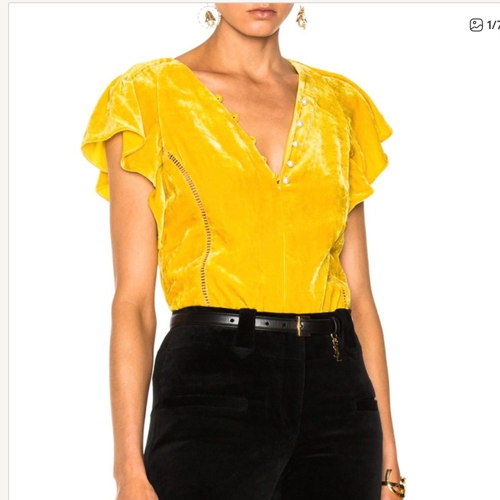 Altuzarra velvet pearl button v neck‎ blouse Size 44 mustard yellow